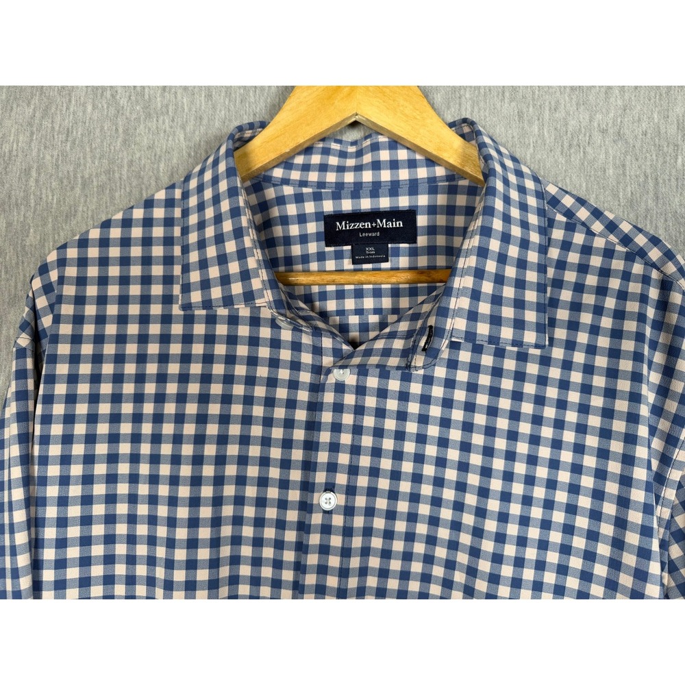 Mizzen+Main Leeward Dress Shirt Mens XXL Trim Blue White Gingham Check Stretch